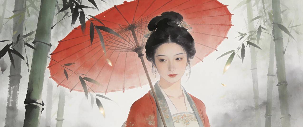 古风美女 红色伞 竹林 水墨风 3440x1440带鱼屏壁纸