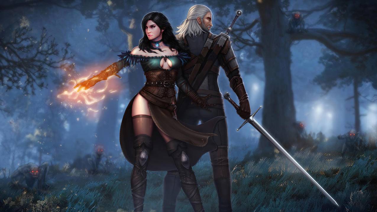 《巫师3 The Witcher 3》树林 夜晚 黑卷发女孩 白发男人 背对防御 火 长剑 4K高清壁纸