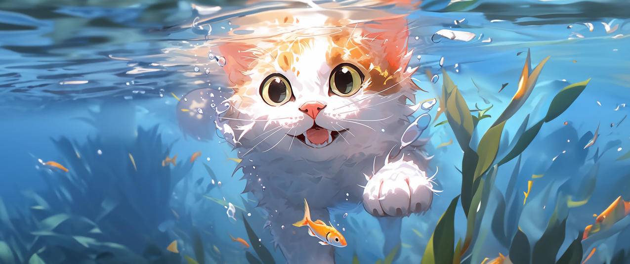 游泳的猫3440x1440带鱼屏壁纸
