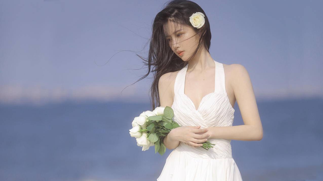 海边 鲜花 白色连衣裙 优雅 美女 4k电脑壁纸