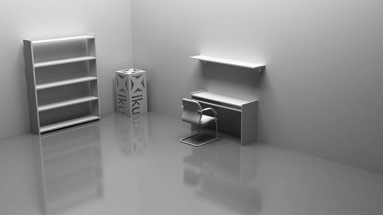 3D电脑桌和书架4K壁纸