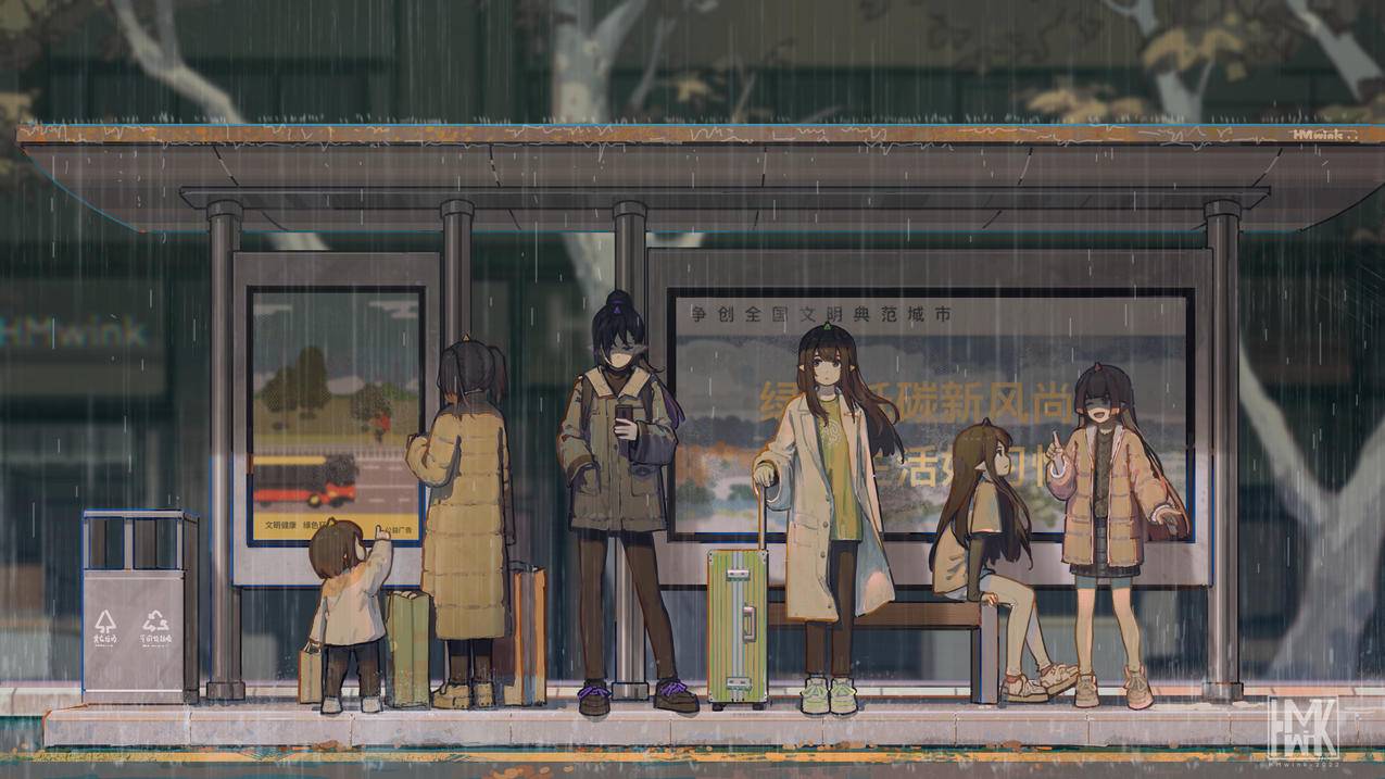 公交车 站台 雨天 可爱动漫女生 4k壁纸