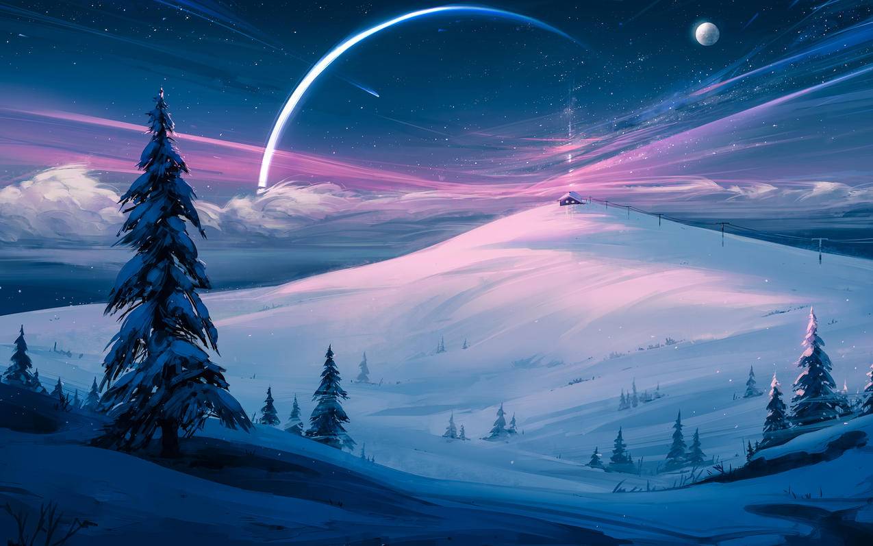 冬天 雪 山 树 小房子 夜晚 月亮 星空2560x1600电脑壁纸16比10