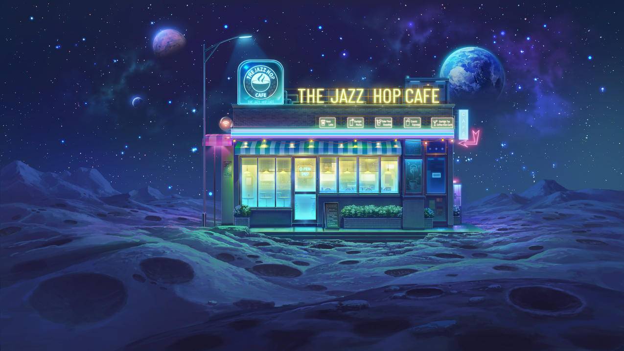 太空 月亮 行星 星星 小商店 路灯 霓虹灯 风景 4K壁纸