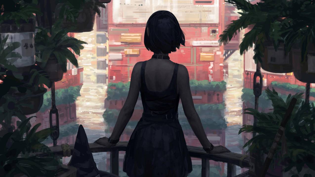 黑短发 连衣裙 后背 植物 阳台 城镇 建筑 绘画插图 4K动漫壁纸