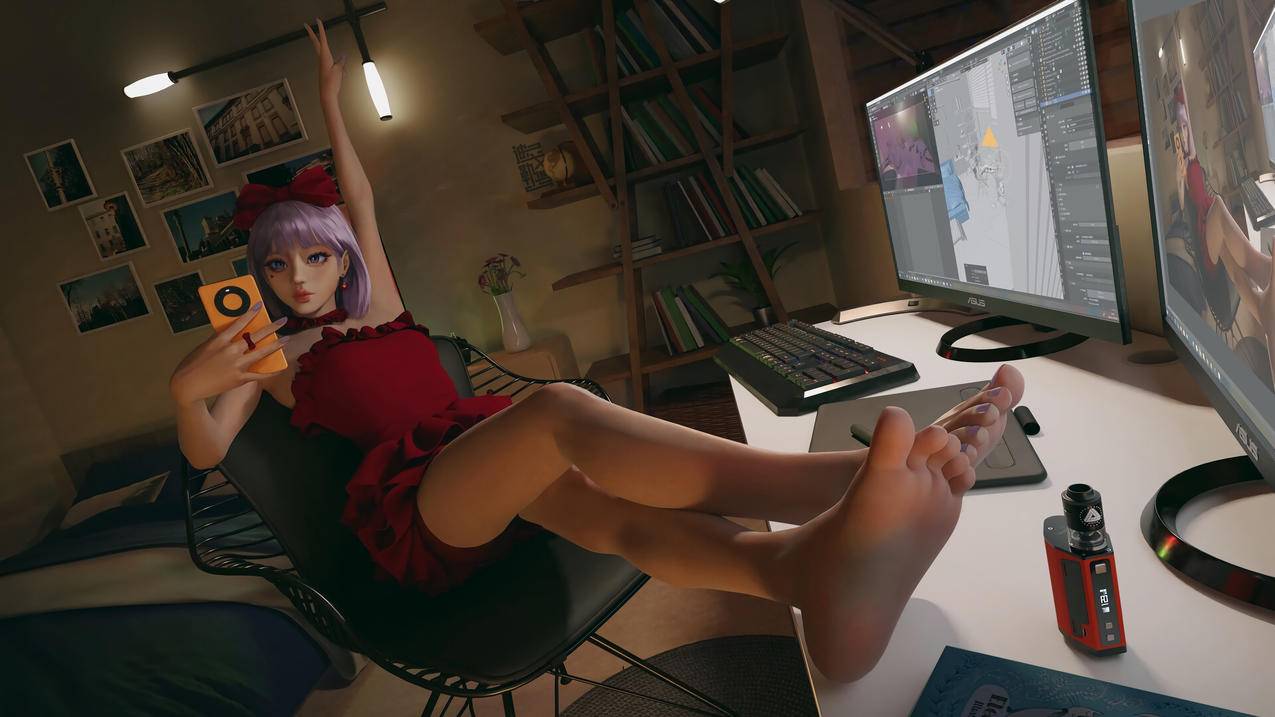 电脑桌 紫色波波头女孩 红色裙子 华为手机HUAWEI 自拍4k动漫壁纸 4k手机壁纸