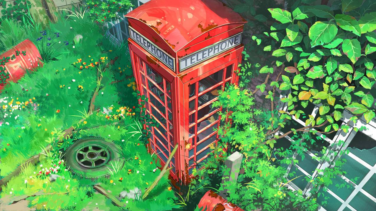 红色电话亭 绿植 窗 阳光 清新 油桶 轮胎 4K高清动漫壁纸