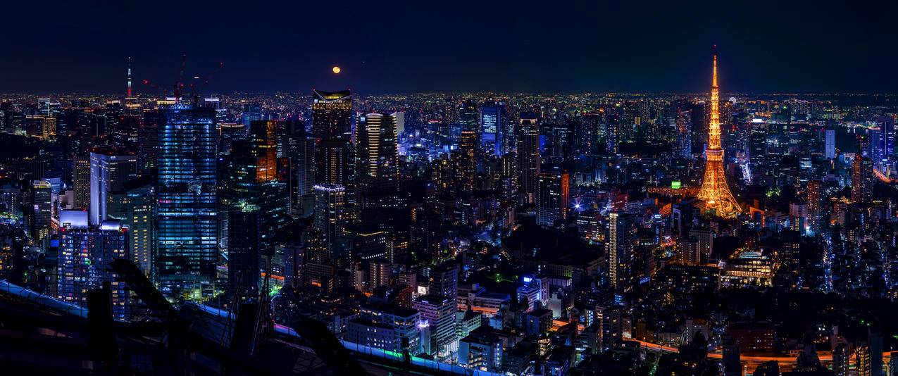 日本东京城市夜景带鱼屏壁纸