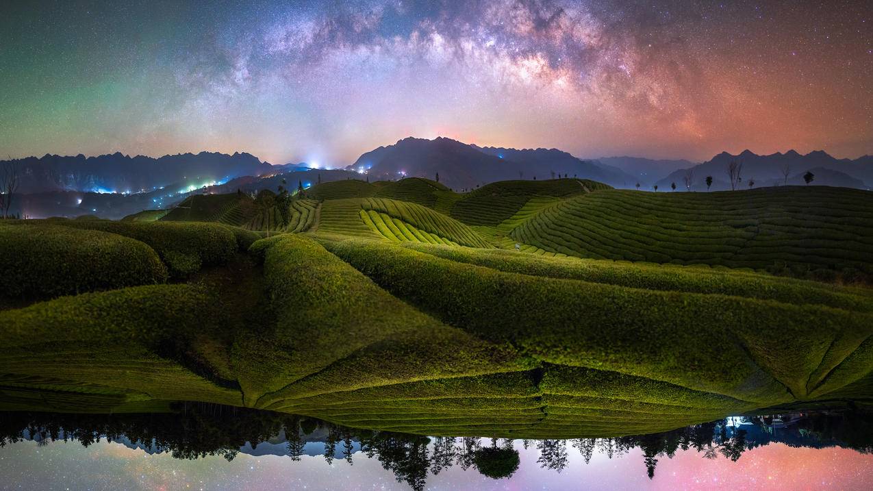 茶山 星空 夜景 风景 4k电脑壁纸