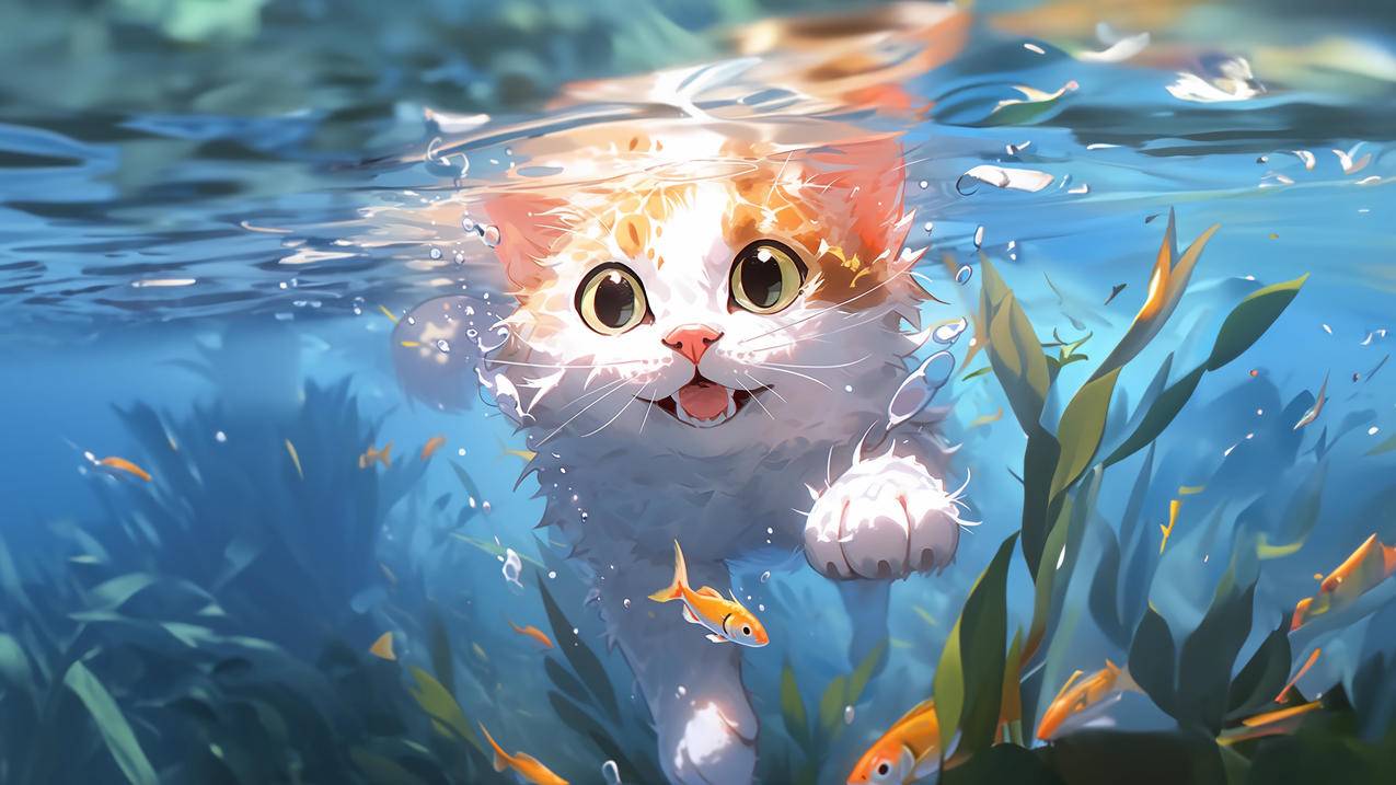 游泳的猫 AI生图 可爱绘画 4K壁纸
