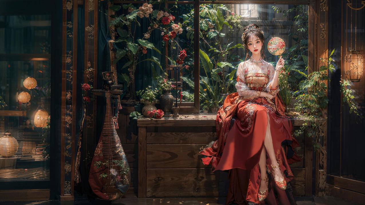 古风美女 扇子 红色裙子 室内 绿色植物 鲜花 4K壁纸 3840x2160