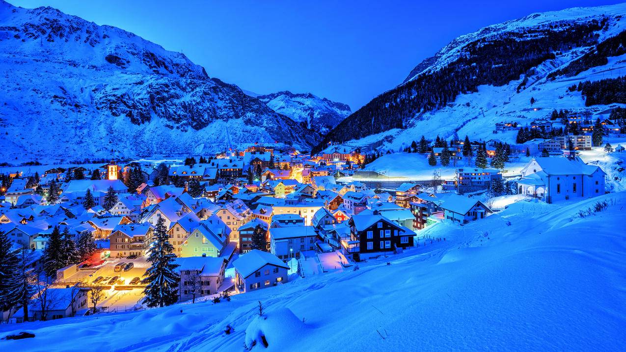 冬季 雪景 夜晚 瑞士安德马特小镇,阿尔卑斯山脉4K风景高清壁纸