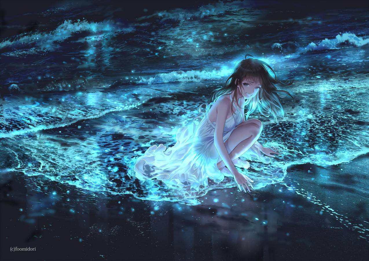 女孩 蹲着 海岸 海滩 蓝荧光 发光海浪 风 夜晚 4K动漫壁纸