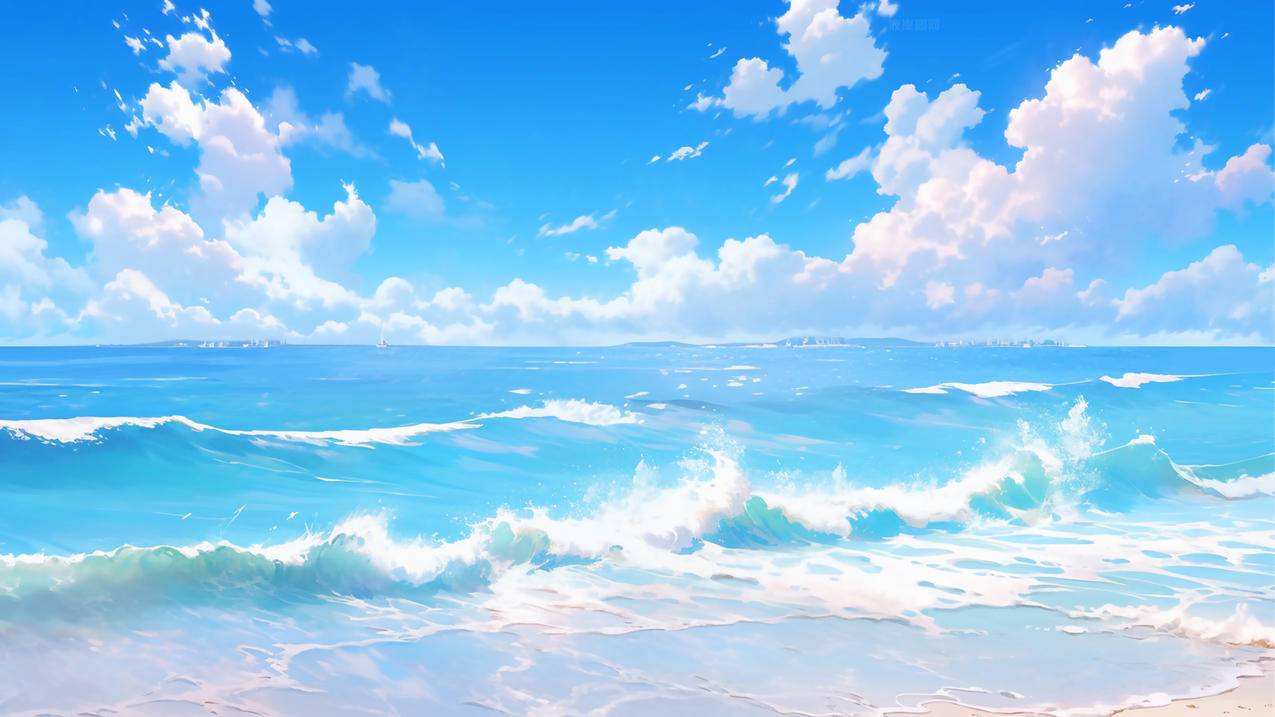清新 蓝天白云 大海 海浪 沙滩风景 4K风景壁纸