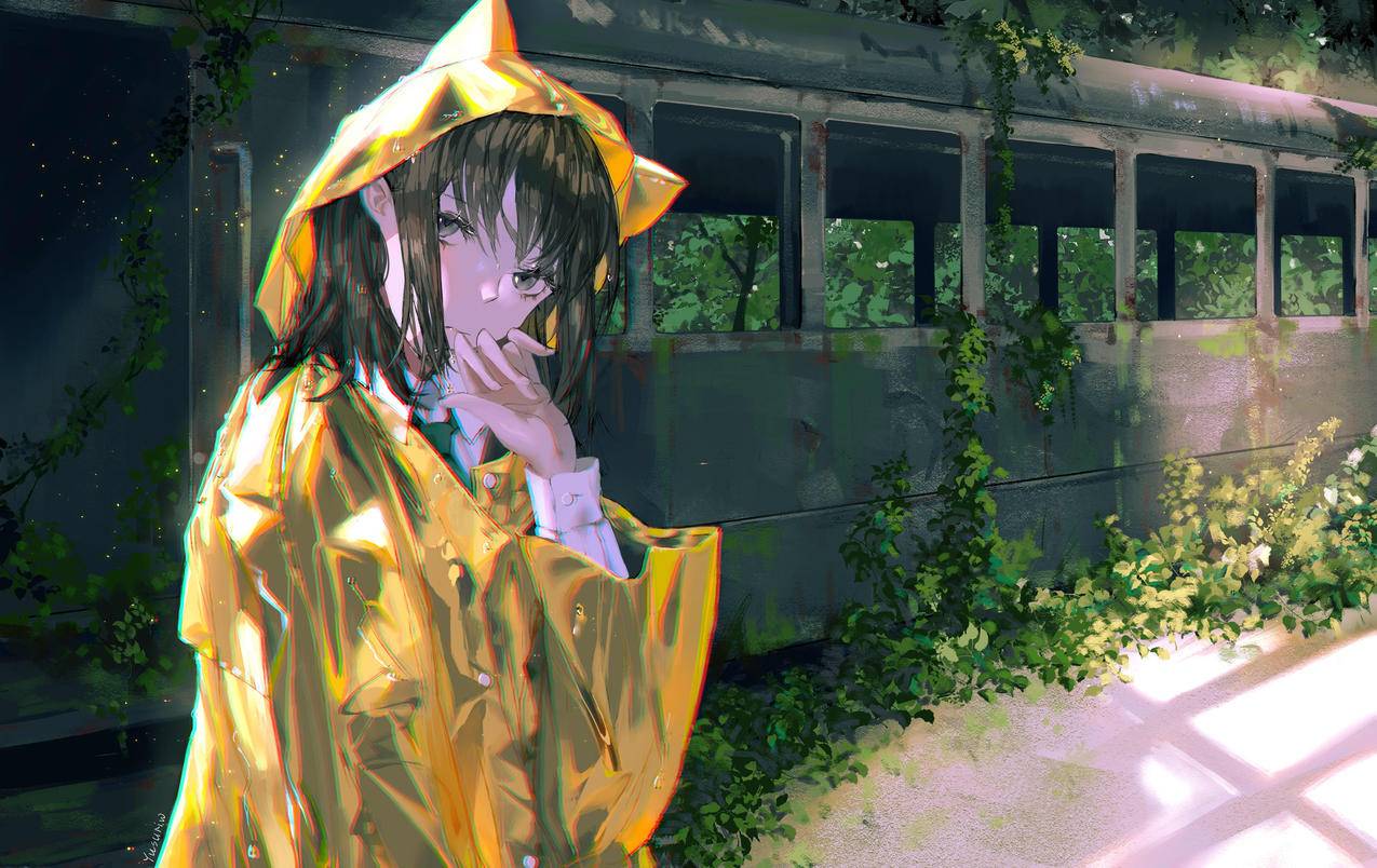 黄色雨衣 废弃火车 植物 女孩 4K高清动漫壁纸