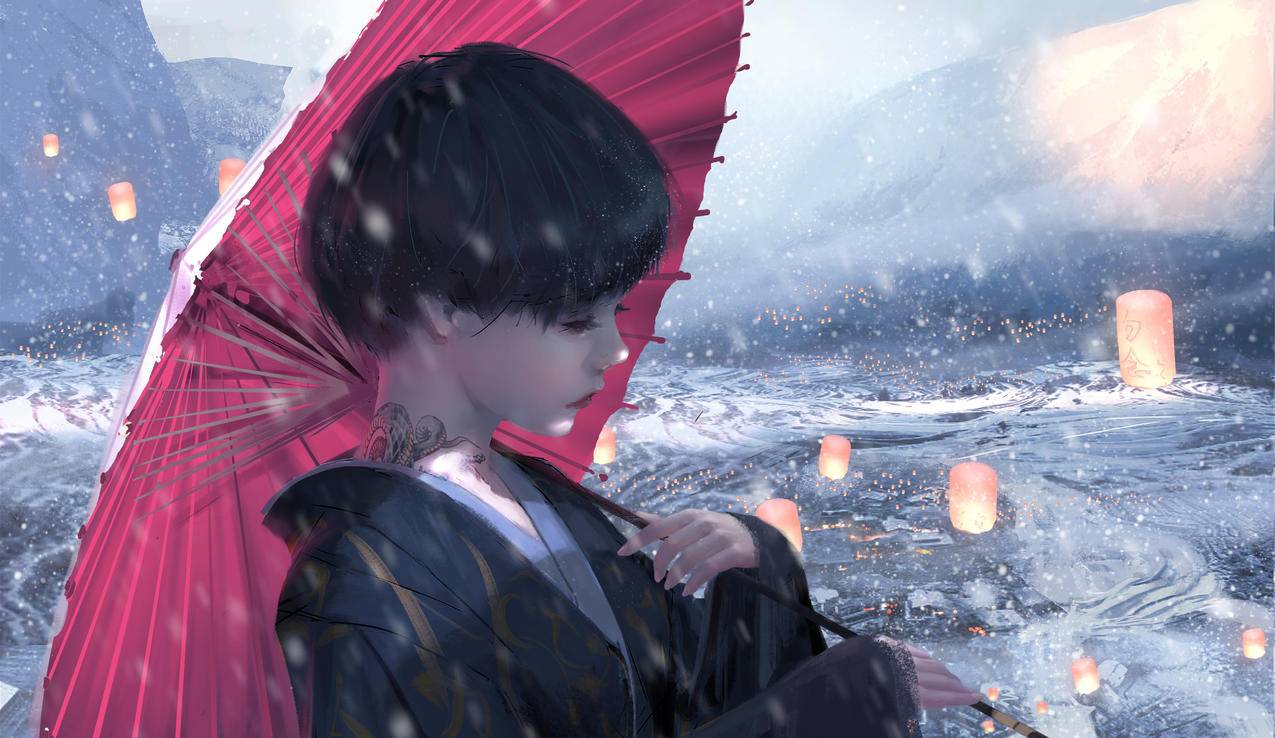 小绿 红伞 雪地 4K高清动漫壁纸