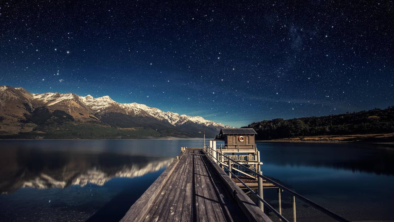 夜晚月亮新西兰瓦卡蒂普湖星空4k壁纸