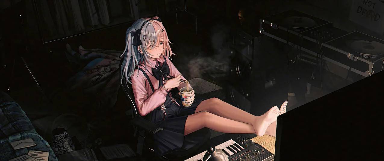 房间 女孩 面条 电脑桌 3440x1440动漫带鱼屏壁纸