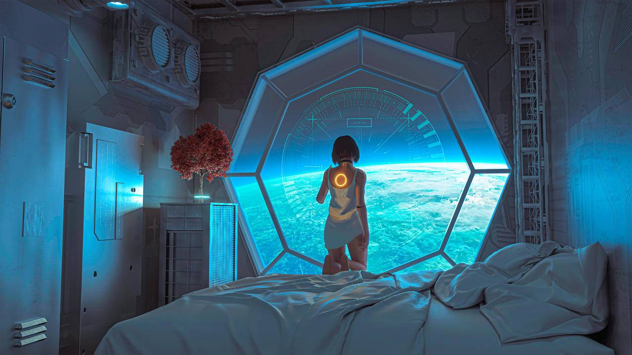 宇宙 房间 机械人女孩 星球 4K高清动漫壁纸