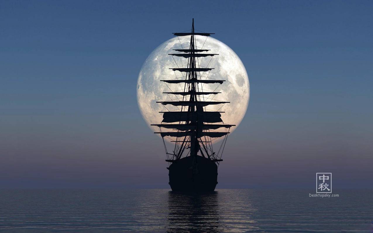 自然风光风景船帆扬帆起航远行出发月亮大海夜晚傍晚高清壁纸