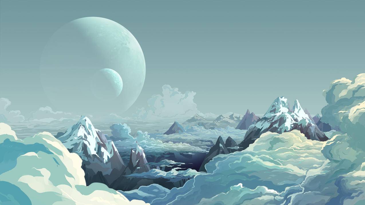 高地 山 星球 月亮 云 唯美风景 4K动漫壁纸