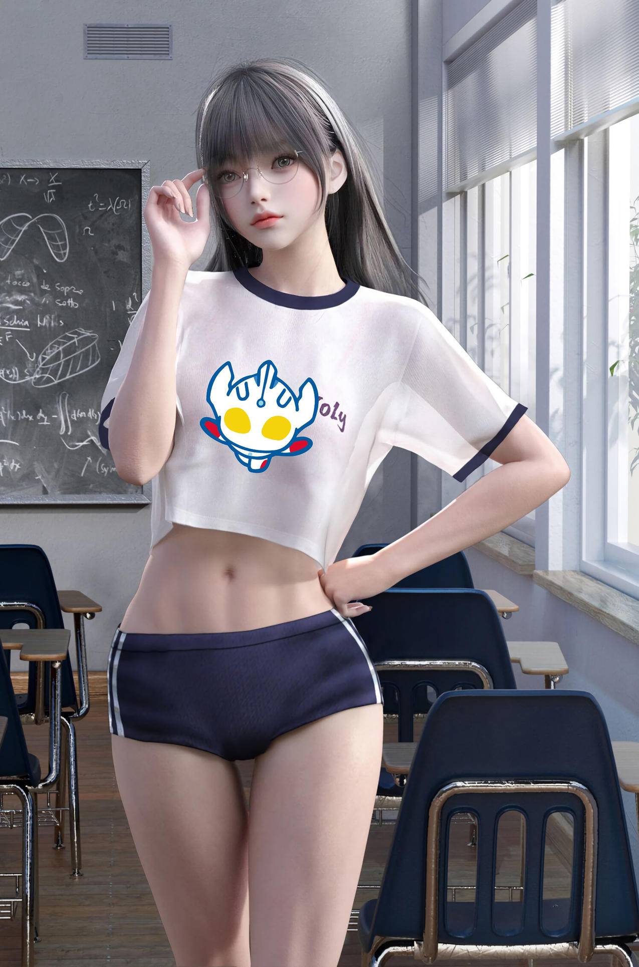 yoly莜莉 3D 可爱 运动 女孩 长发 眼镜 白色衣服 短裤 大长腿 4k手机壁纸竖屏