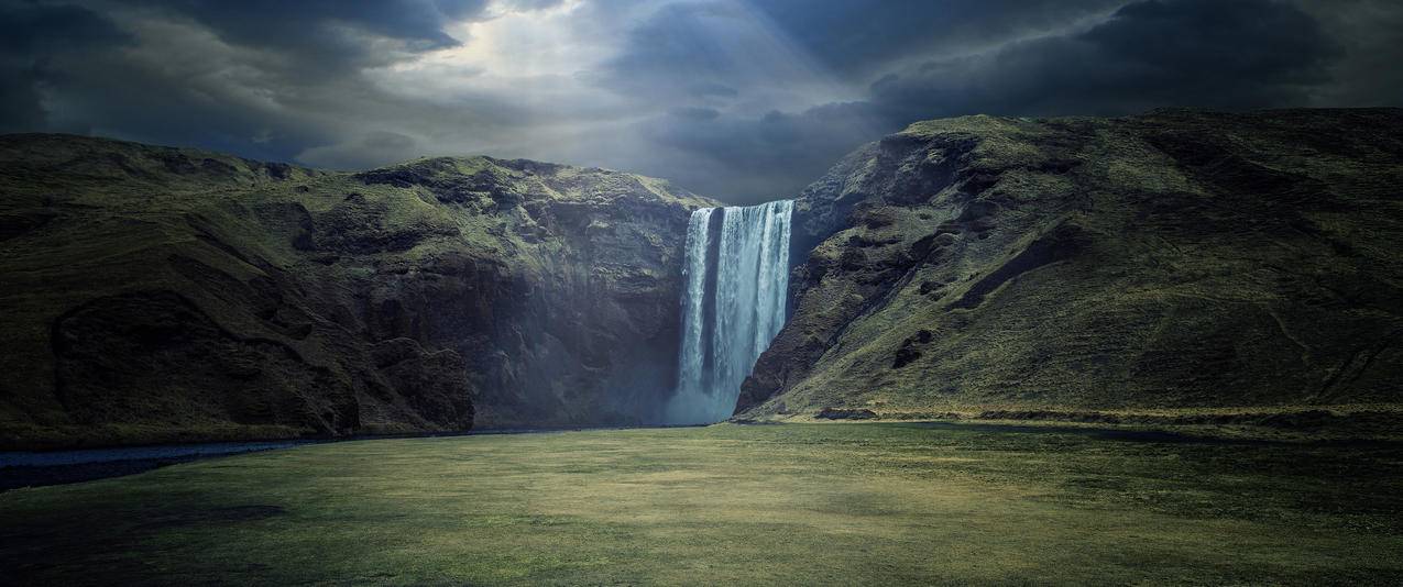 冰岛南部的瀑布风景带鱼屏壁纸