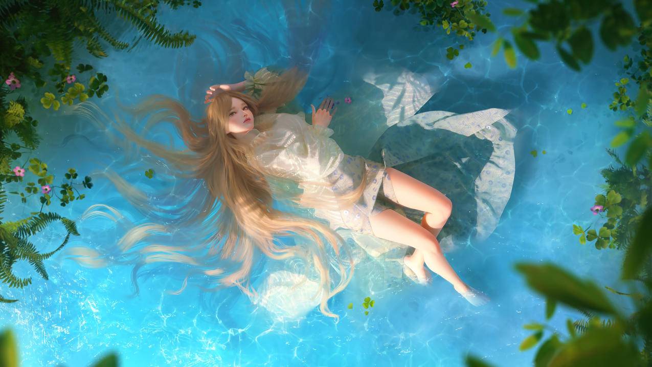 金发女孩 水池 水波 绿叶阳光 3D 4K高清动漫壁纸