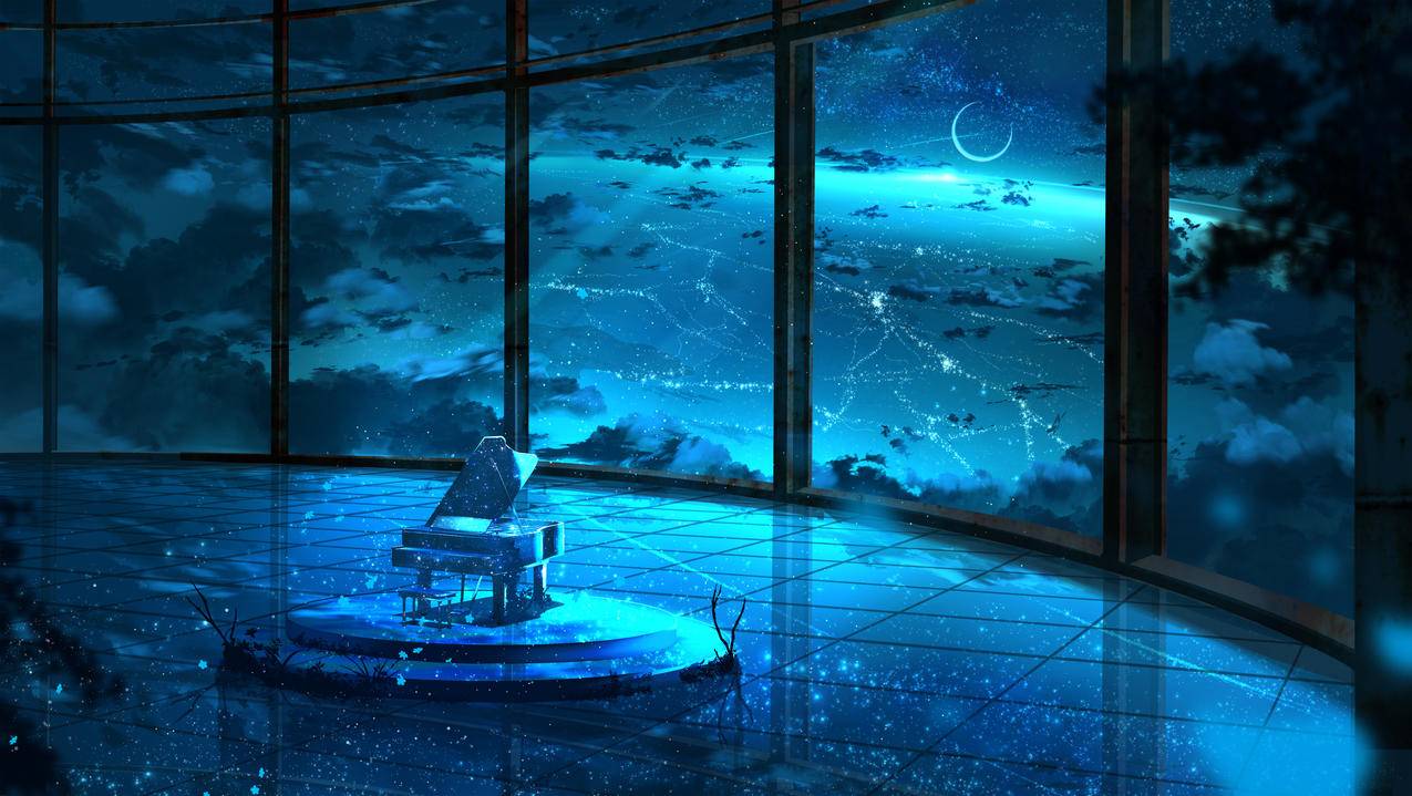 月影 风景 星空 钢琴 透过玻璃 空间 4k动漫壁纸
