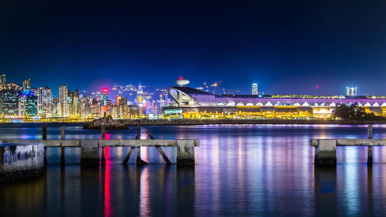 风景城市夜景维多利亚港香港绚丽4k图片