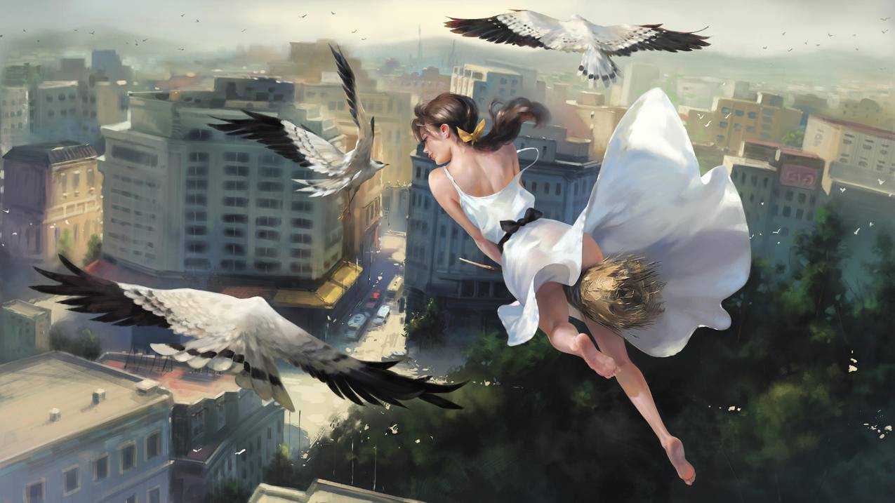 天空 空中 城市 鸟 女孩 扫帚 白色裙子 唯美 4K动漫壁纸