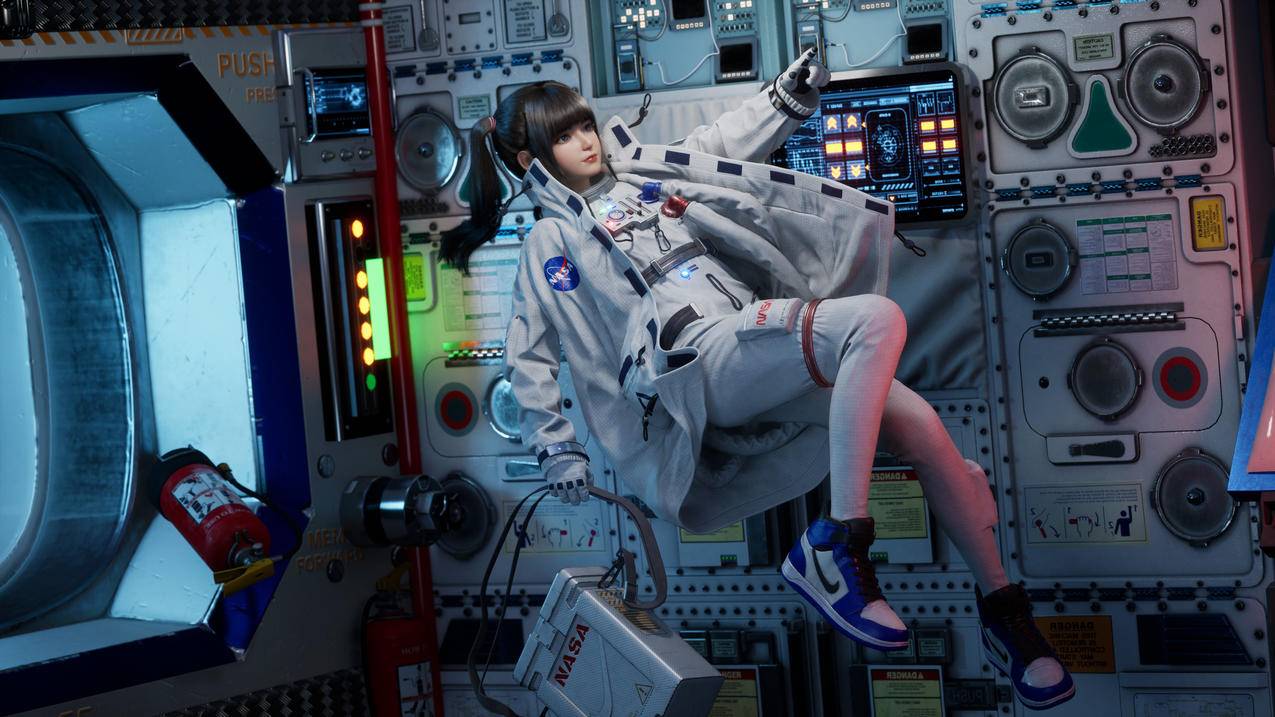 宇宙飞船 宇航服 女孩 漂浮 3D 4K高清壁纸