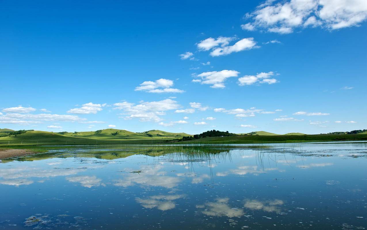 风景湖泊草原蓝天白云高清壁纸