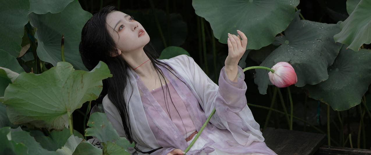 荷叶 荷花 古风唯美美女3440x1440带鱼屏壁纸