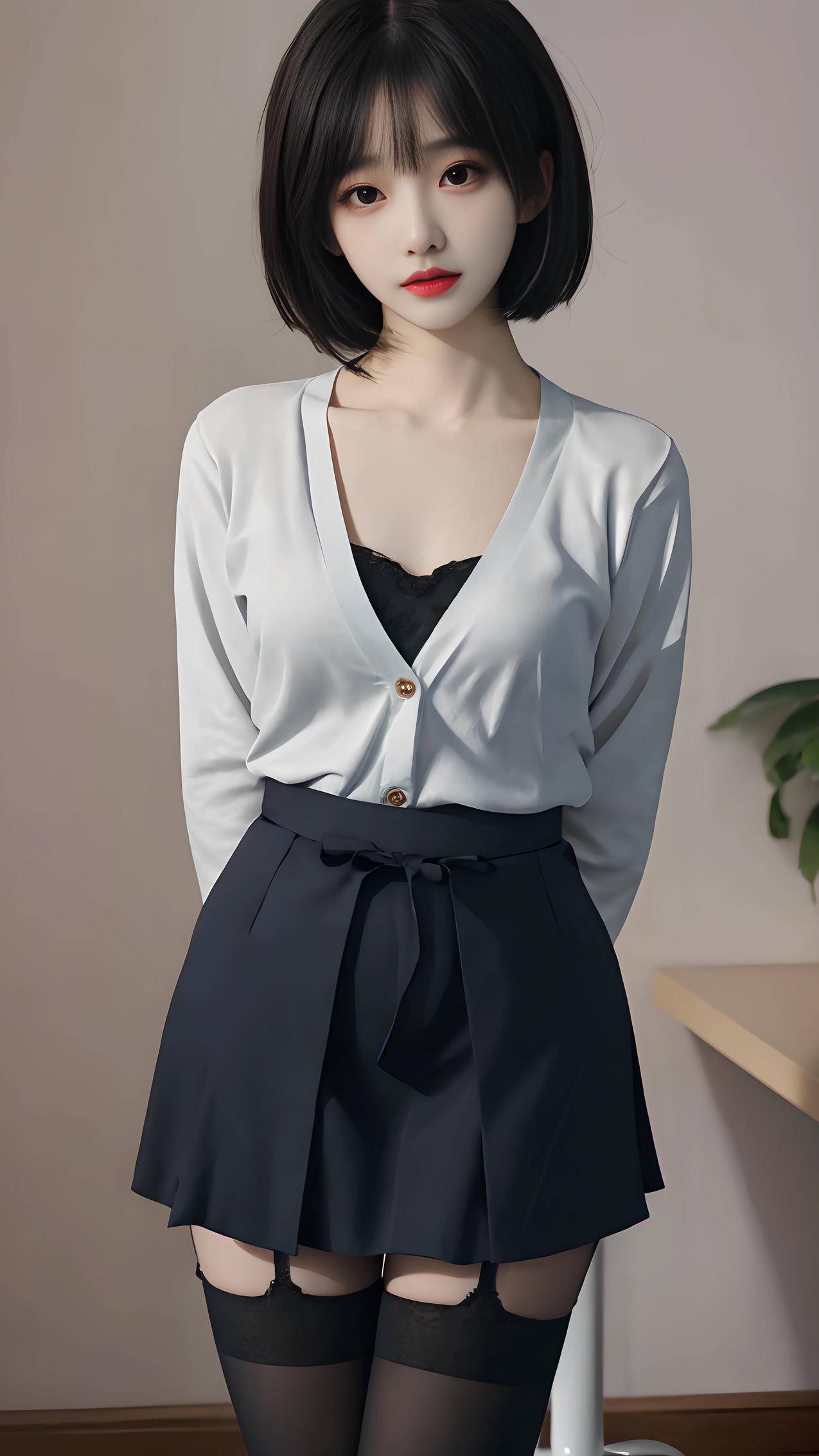 短发美女 黑色百褶裙 ai绘画 4k美女手机高清壁纸