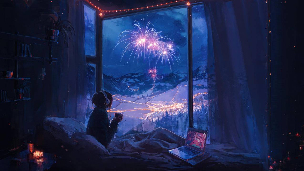 新年的夜晚,天空, 山脉,烟花,室内女孩望向远处4K壁纸3840x2160
