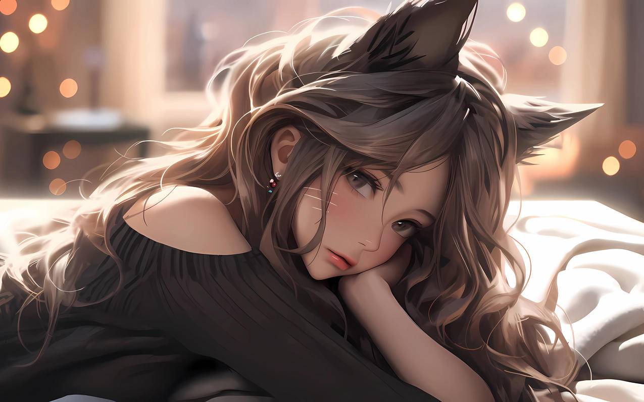 猫耳朵动漫女孩 一手托腮 4K壁纸 3840x2400