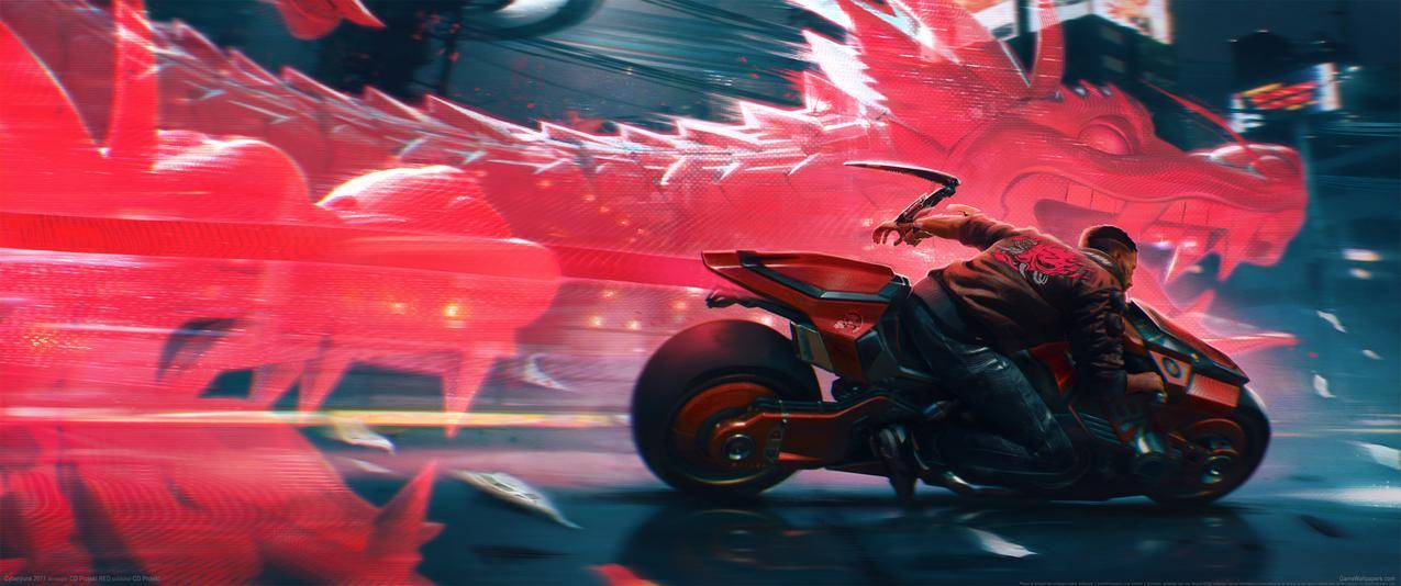 《赛博朋克2077》龙 摩托车 3440x1440游戏壁纸