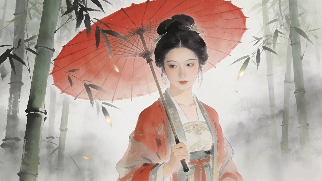 古风美女 红色伞 竹林 水墨风 4K壁纸