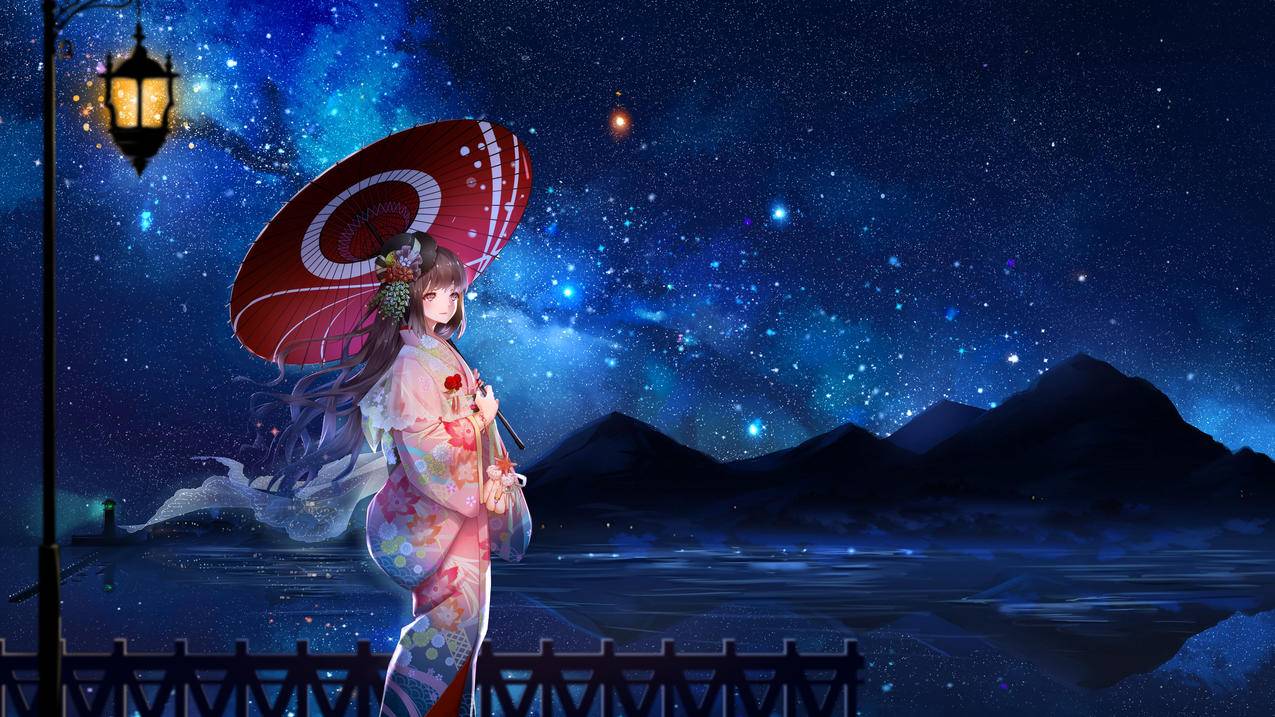 夜晚 星空 天空星星 少女和服 日本服装 唯美 4K高清动漫壁纸图网