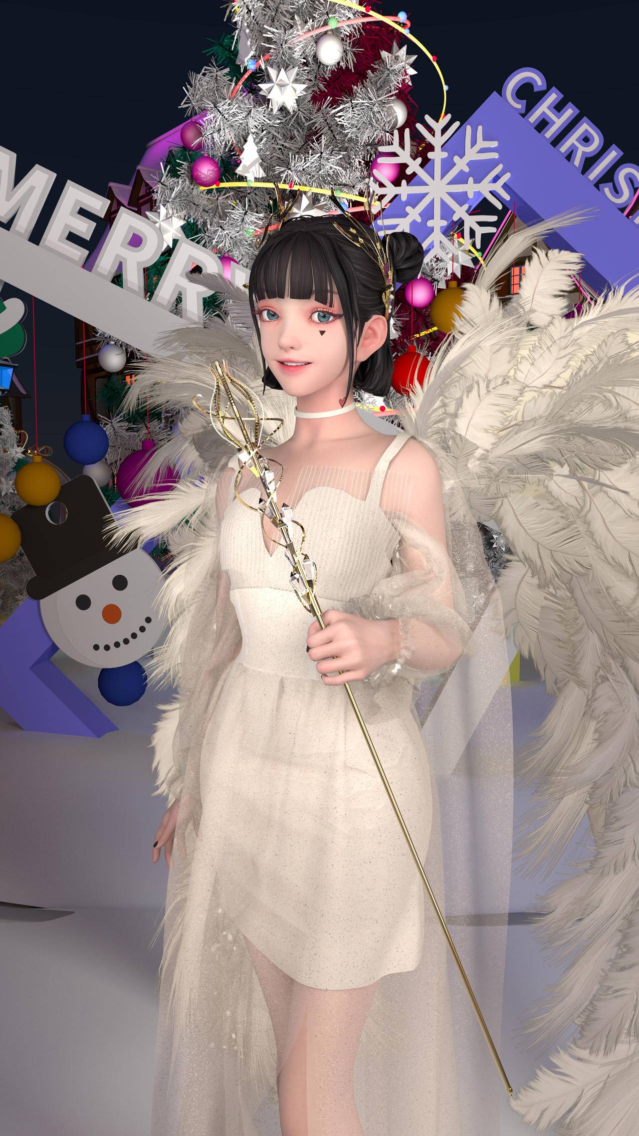 集原美 白色裙子 魔法棒 圣诞节4k手机壁纸2160x3840