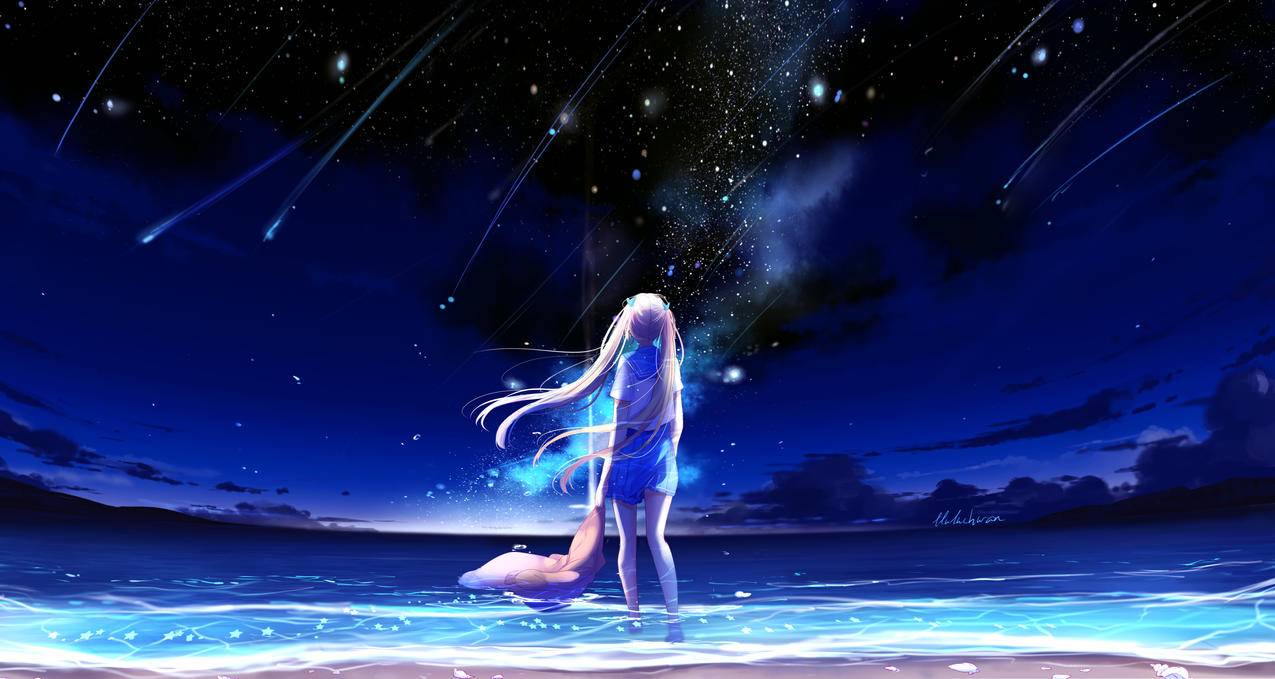 蓝色天空 流星 女孩 晚上 唯美 4k动漫风景壁纸