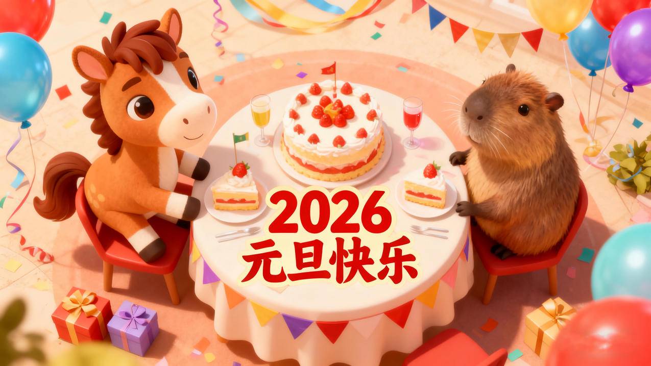2026元旦快乐 可爱小马和卡皮巴拉 蛋糕 喜庆节日4k壁纸