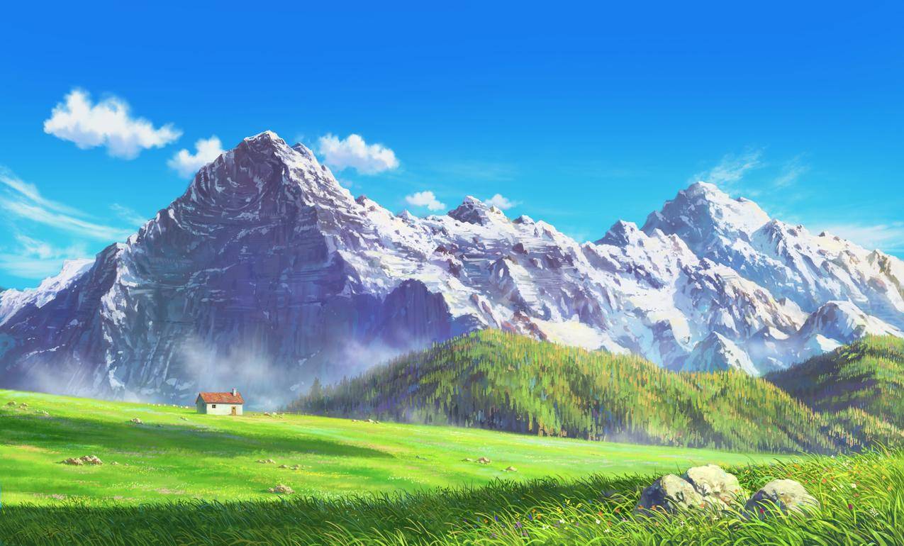 绘画风景 田野 房屋 绿草地 山脉 天空 阳光 4K壁纸