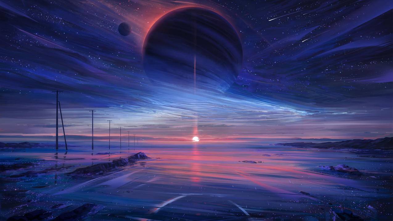 艺术 插图 风景 太阳 云 星星 行星 日落 流星 4K壁纸