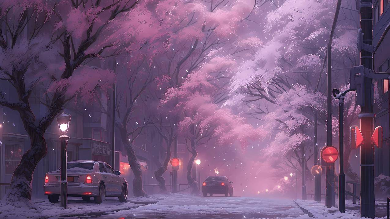 冬季 雪暮降临 街道 树 汽车 灯光 动漫风景4K壁纸