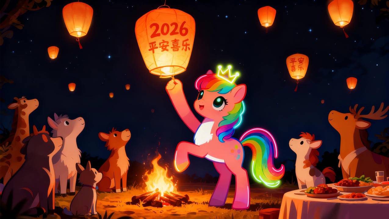 2026平安喜乐 小马 孔明灯 晚上 动物们庆祝新年4k壁纸