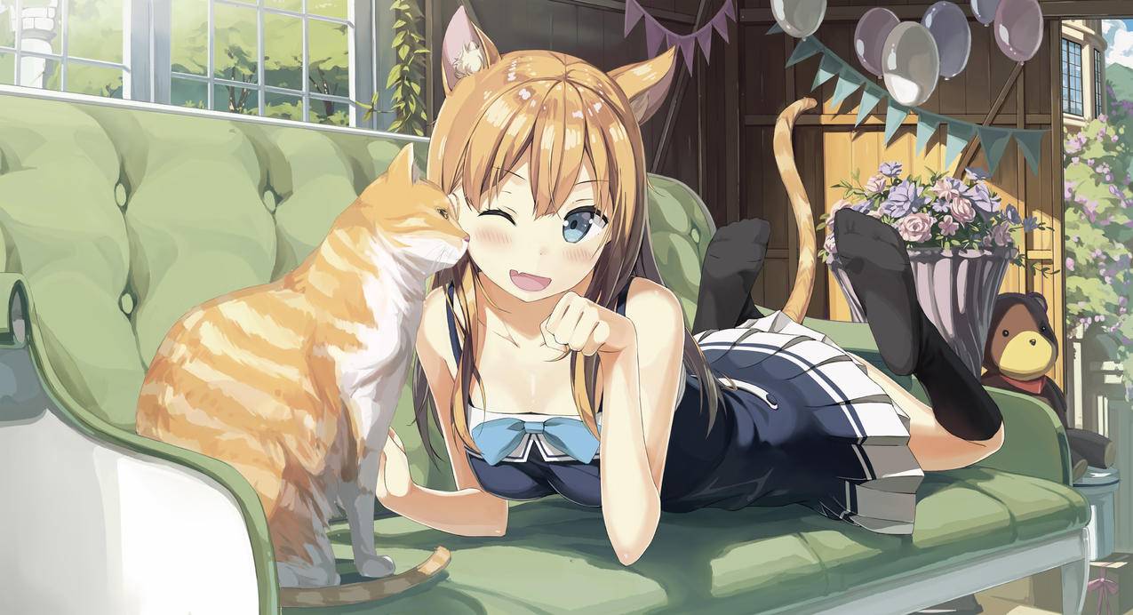 蓝眼 金发 猫 动漫女孩 4k高清壁纸