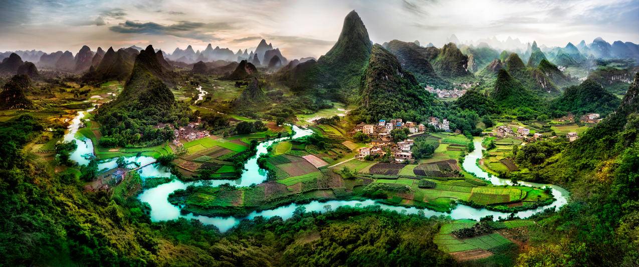广西桂林山水风景全景鸟瞰摄影带鱼屏壁纸
