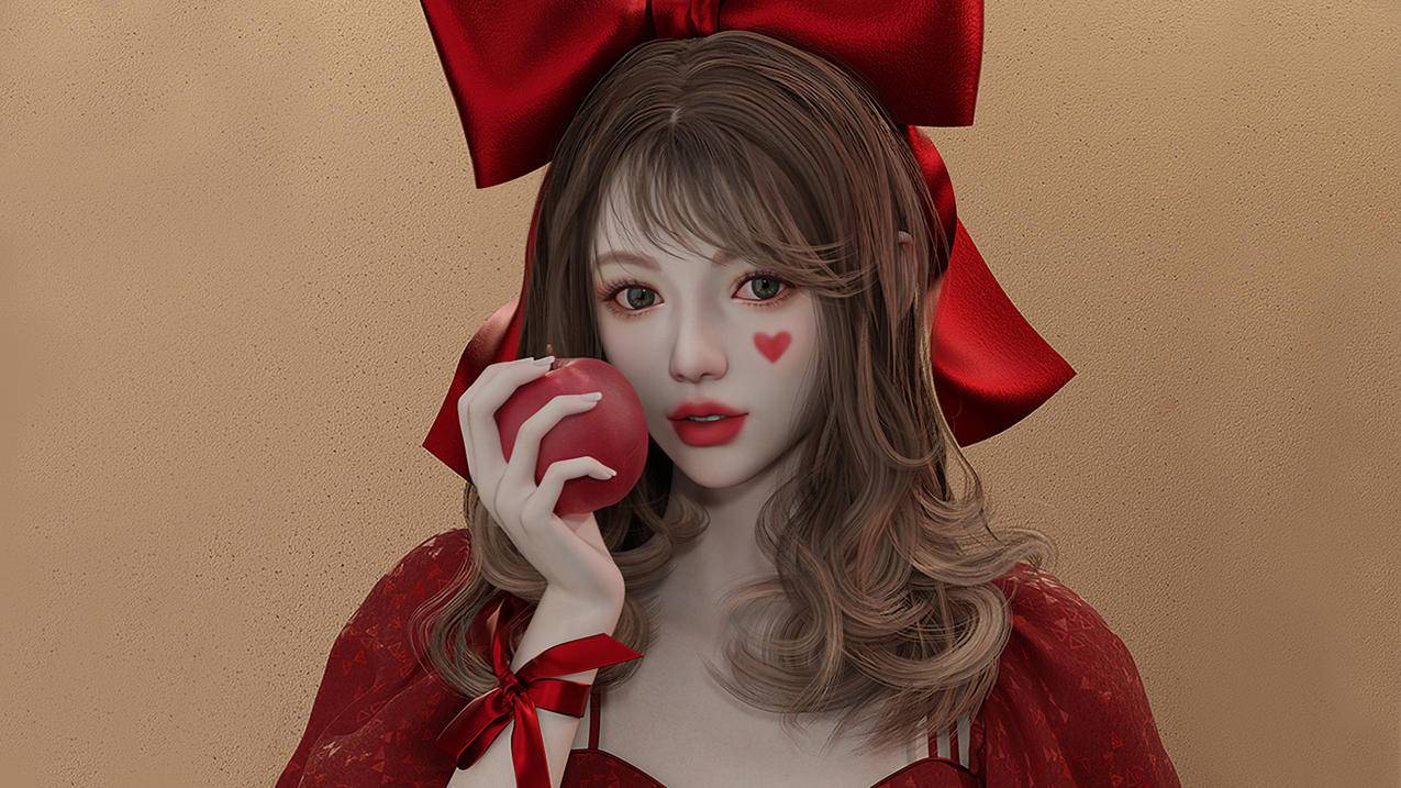 红裙 红蝴蝶结 苹果 女孩 3D 4K高清动漫壁纸